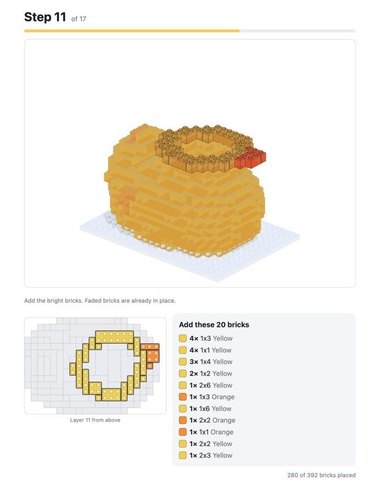 Custom brick building instructions: step 11 of 17 for the duck, with a 3D picture, a layer plan and the bricks to add